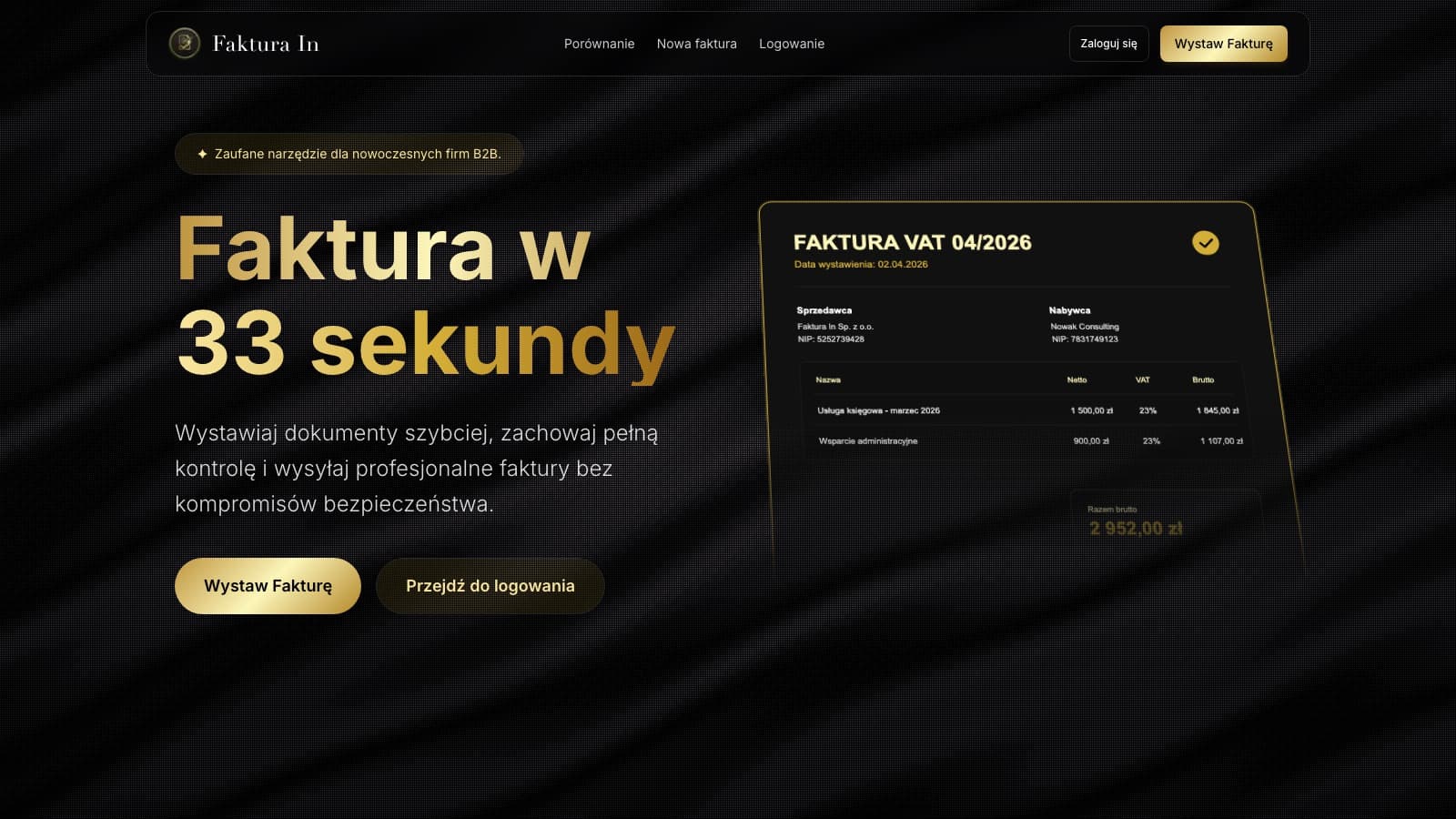 Zrzut ekranu strony startowej projektu Faktura In