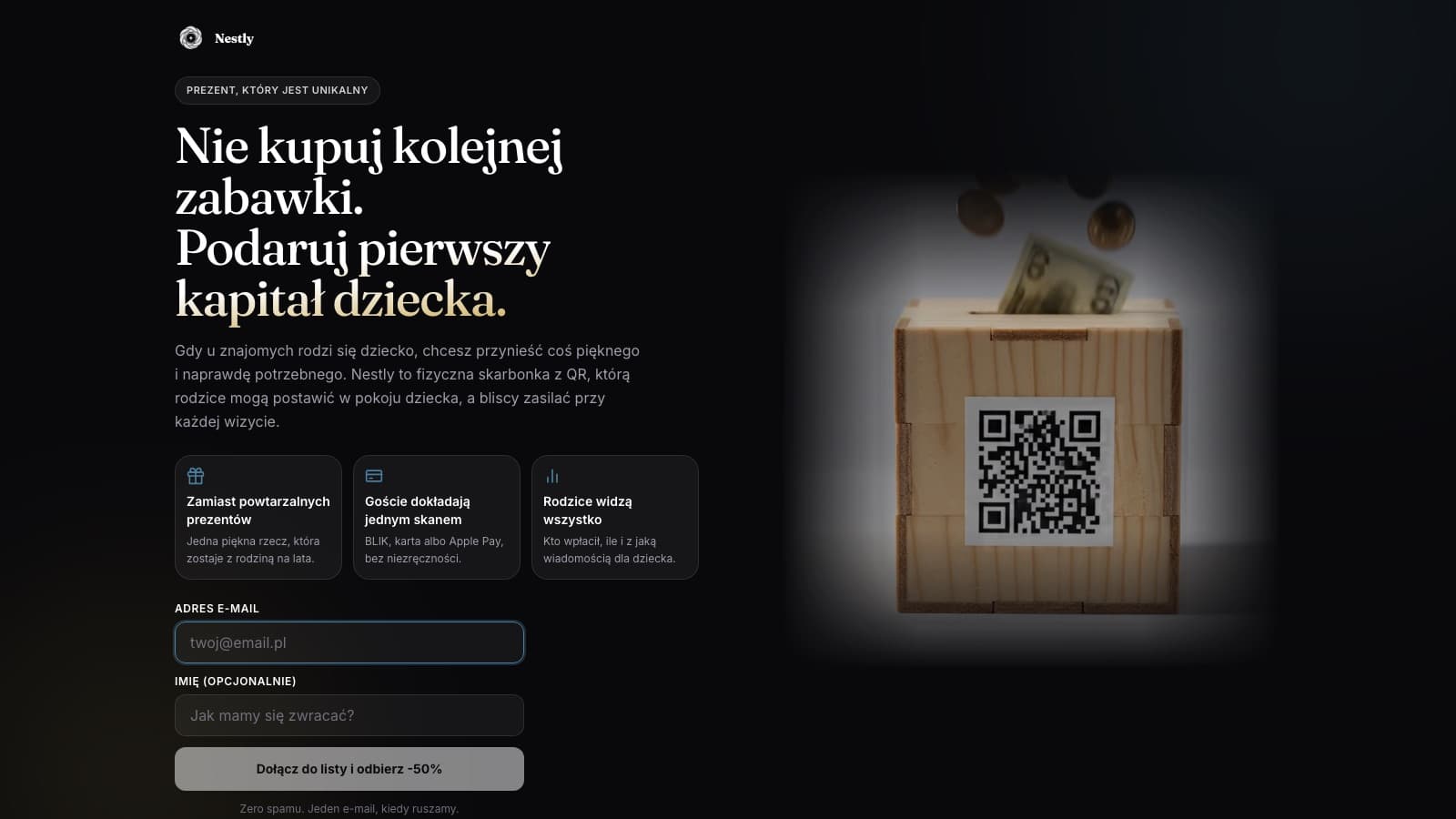 Zrzut ekranu strony startowej projektu Nestly