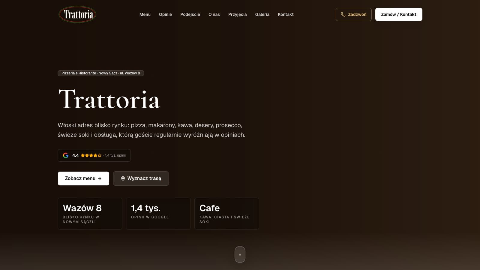 Zrzut ekranu strony startowej projektu Trattoria